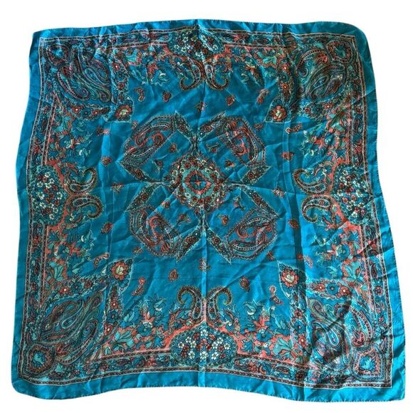 100% Pure Silk Floral Paisley Scarf in Teal Green & Rose Pink Made In India - Picture 2 of 6